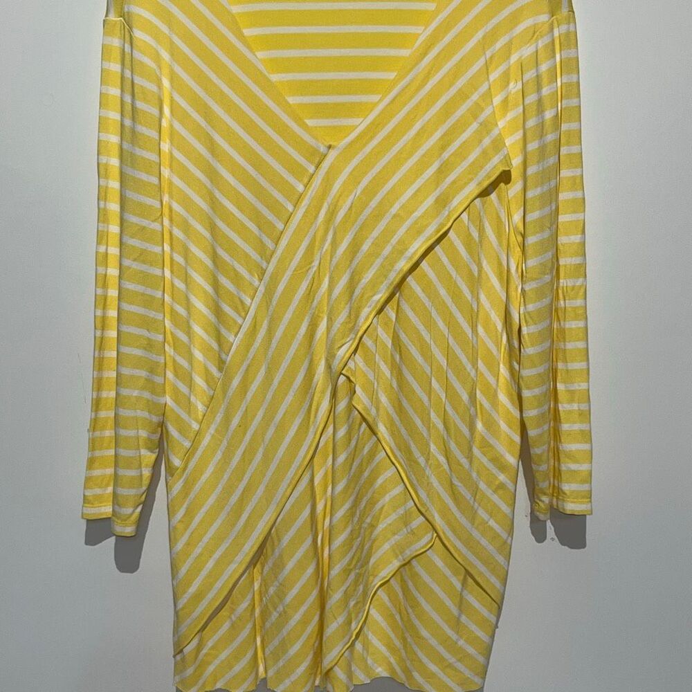 Chico's Women's Yellow White Miraculous Striped Tiered‎ Tunic Top Blouse Size 2 - Picture 2 of 9